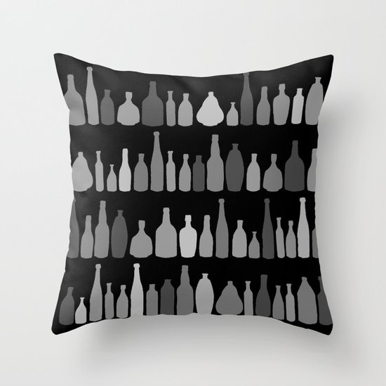 Bottles Black and White on Black Throw Pillow