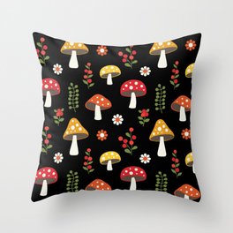 Nature's Treasures: Mushroom Pattern black Throw Pillow