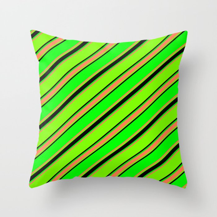 Lime, Coral, Green, and Black Colored Lined Pattern Throw Pillow