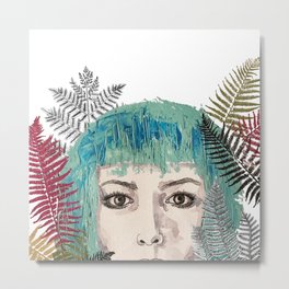Blue-haired girl with leaves Metal Print
