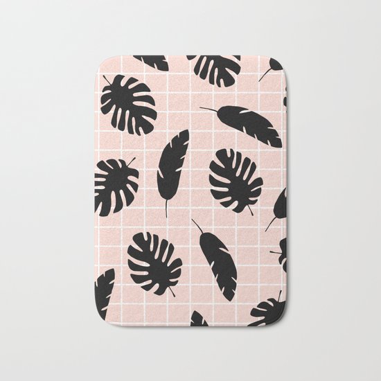 Graphic Tropical Leaves on Grid Black and Pink Bath Mat