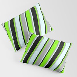 [ Thumbnail: Chartreuse, Dark Gray, Light Cyan, and Black Colored Stripes/Lines Pattern Pillow Sham ]