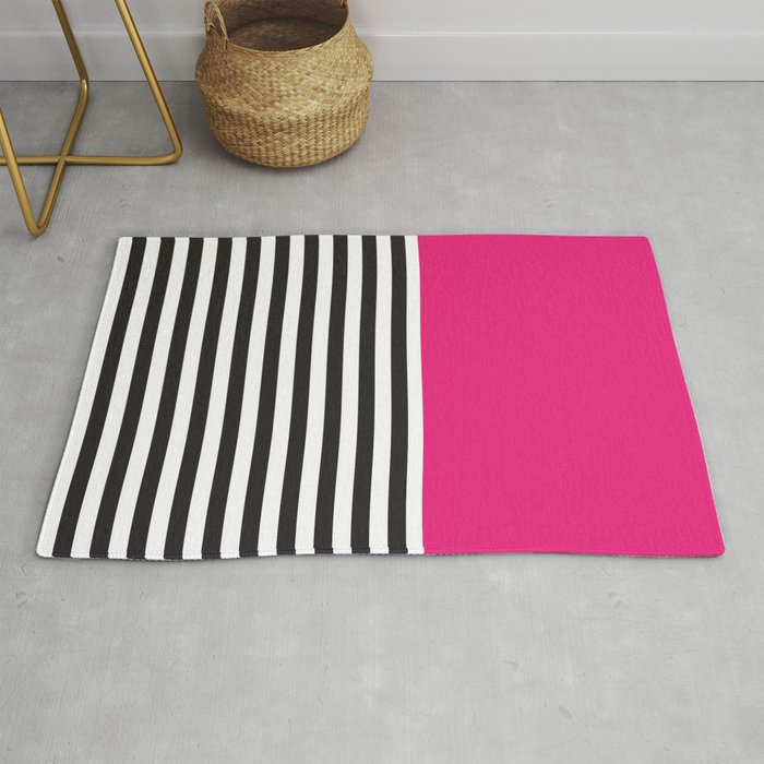 Hot Pink Magenta and Black and White Stripe Rug