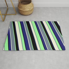 [ Thumbnail: Vibrant Slate Gray, Beige, Midnight Blue, Black, and Green Colored Stripes/Lines Pattern Rug ]