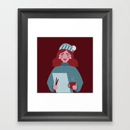 Winter ginger artist girl with a cup of tea and her tools Framed Art Print