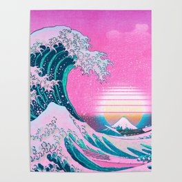 Vaporwave Aesthetic Great Wave Off Kanagawa Synthwave Sunset Poster