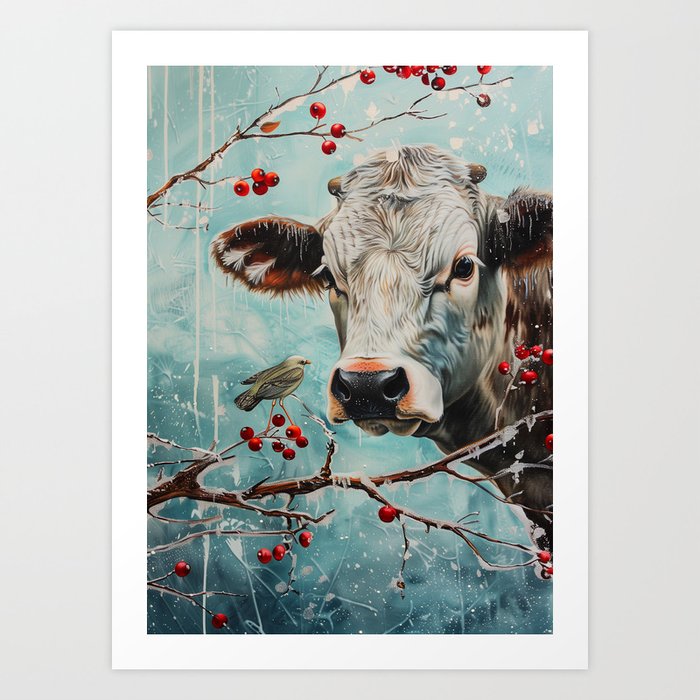 Harmony in Nature: Cow and Bird Serenade Art Print