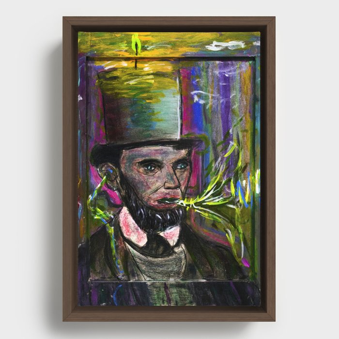 psychedelic US president  Abraham Lincoln with Trippy top-hat and rainbow halo Framed Canvas