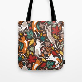 Autumn joy // brown oak background cats dancing with many leaves in fall colors Tote Bag