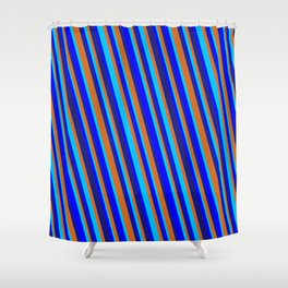 [ Thumbnail: Midnight Blue, Chocolate, Deep Sky Blue & Blue Colored Striped/Lined Pattern Shower Curtain ]