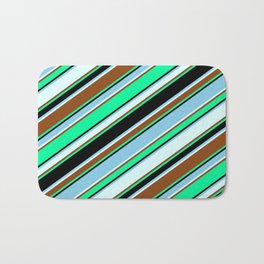 [ Thumbnail: Vibrant Green, Black, Sky Blue, Light Cyan & Brown Colored Lined/Striped Pattern Bath Mat ]