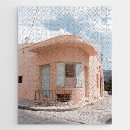 Pink Building on the Corner of a Greek Street | Pastel Colored Home | Travel Photography in Greece Jigsaw Puzzle