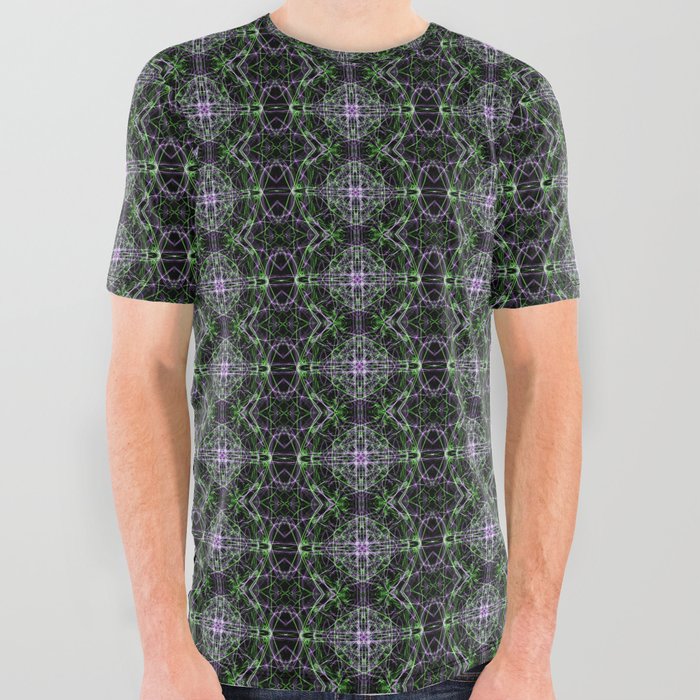 Liquid Light Series 76 ~ Green & Purple Abstract Fractal Pattern All Over Graphic Tee