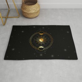Sun and waxing and waning golden moons in space Area & Throw Rug