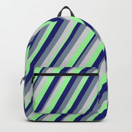 [ Thumbnail: Light Grey, Green, Midnight Blue, and Light Slate Gray Colored Stripes/Lines Pattern Backpack ]