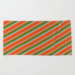 [ Thumbnail: Forest Green, Dark Grey & Red Colored Lines/Stripes Pattern Beach Towel ]