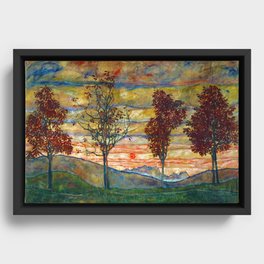 Four Trees with Red Leaves at Sunrise landscape painting by Egon Schiele Framed Canvas