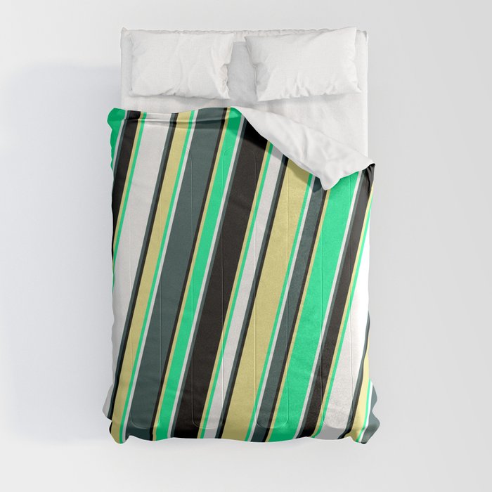 Dark Slate Gray, Black, Tan, Green, and White Colored Lines Pattern Comforter