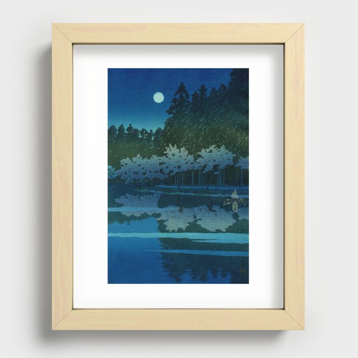 Spring Night at Inokashira blue nature Japanese landscape painting with cherry blossoms by Hasui Kawase Recessed Framed Print