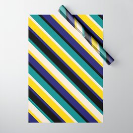 [ Thumbnail: Eye-catching Dark Cyan, Beige, Yellow, Midnight Blue, and Black Colored Lined Pattern Wrapping Paper ]