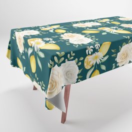 Lemons and White Flowers Pattern On Teal Blue Background Tablecloth