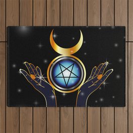 Triple Goddess symbol and hands holding an inverted pentacle Outdoor Rug