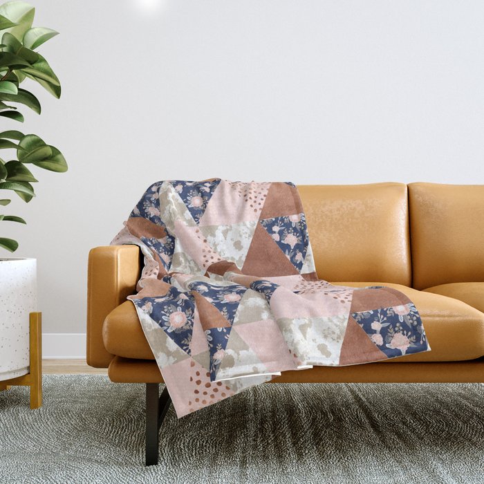 Floral bouquet pastel navy pink florals painted quilt metallic pattern basic minimal quilt pattern Throw Blanket