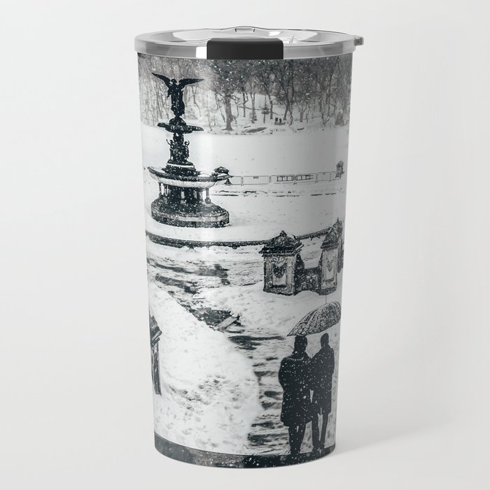 New York City Bethesda Fountain in Central Park during winter snowstorm blizzard black and white Travel Mug