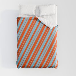 [ Thumbnail: Sky Blue and Red Colored Lined Pattern Duvet Cover ]