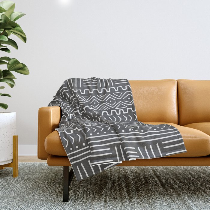 Mud Cloth on Gray Throw Blanket