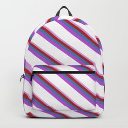 [ Thumbnail: Eye-catching Plum, Red, Blue, Orchid, and White Colored Stripes/Lines Pattern Backpack ]