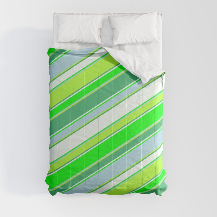 Colorful Sea Green, Mint Cream, Lime, Light Blue, and Light Green Colored Striped/Lined Pattern Comforter