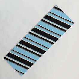 [ Thumbnail: Sky Blue, Beige, Black, and Grey Colored Stripes Pattern Yoga Mat ]