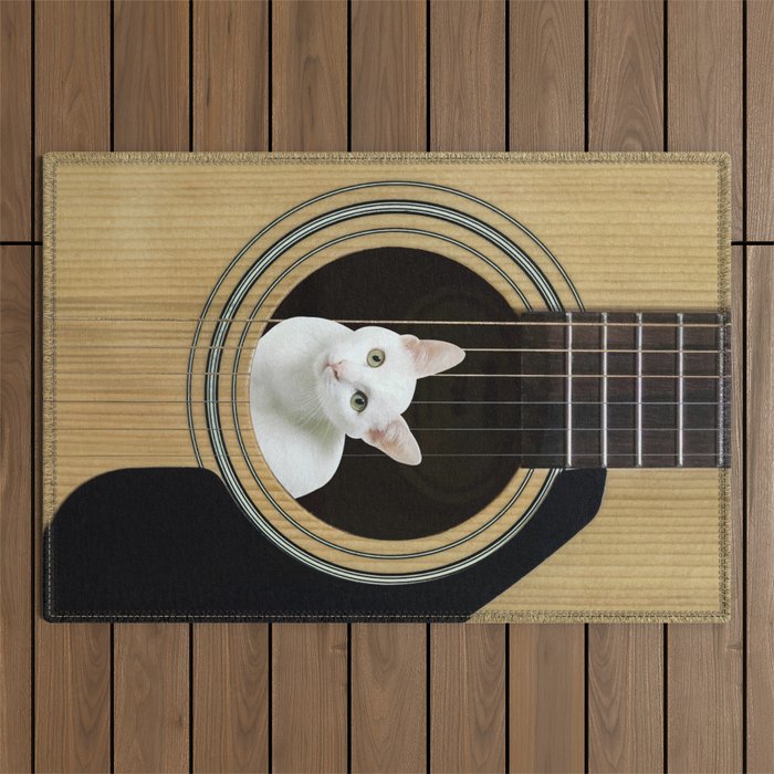 White cat in Guitar music instrument Outdoor Rug