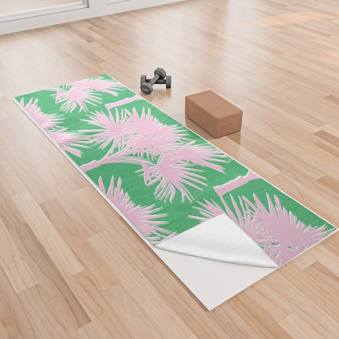 Retro Palm Trees Pastel Pink and Kelly Green Yoga Towel