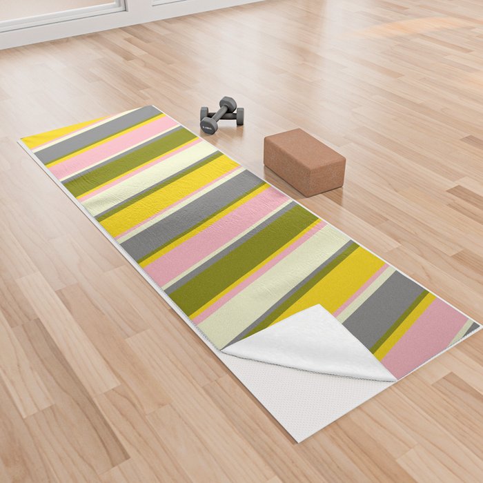 Vibrant Light Pink, Yellow, Green, Gray, and Light Yellow Colored Stripes/Lines Pattern Yoga Towel