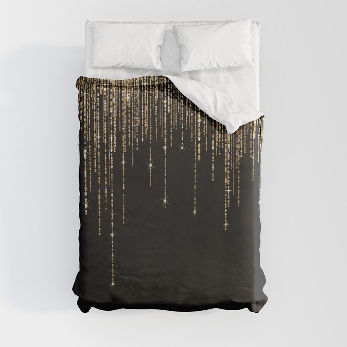 Luxury Chic Black Gold Sparkly Glitter Fringe Duvet Cover