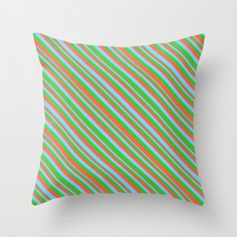 [ Thumbnail: Lime Green, Red, and Light Sky Blue Colored Striped Pattern Throw Pillow ]