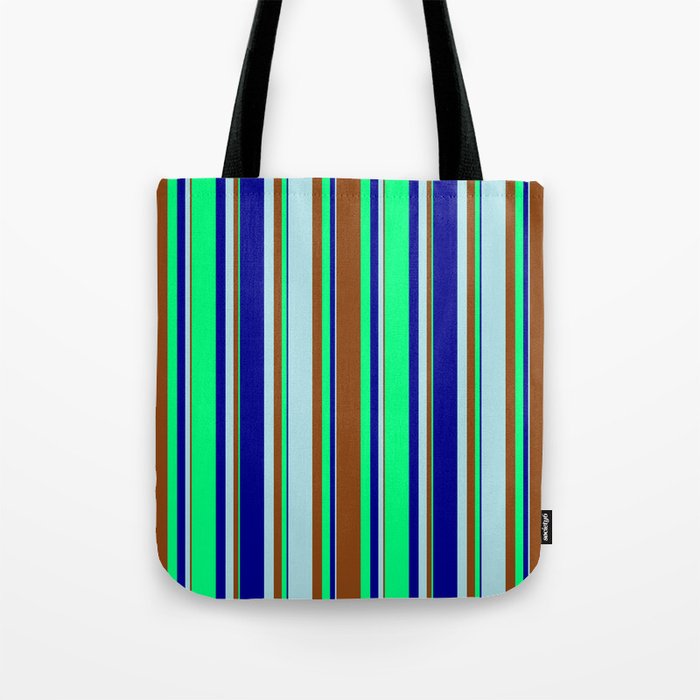 Dark Blue, Green, Brown, and Powder Blue Colored Lines/Stripes Pattern Tote Bag