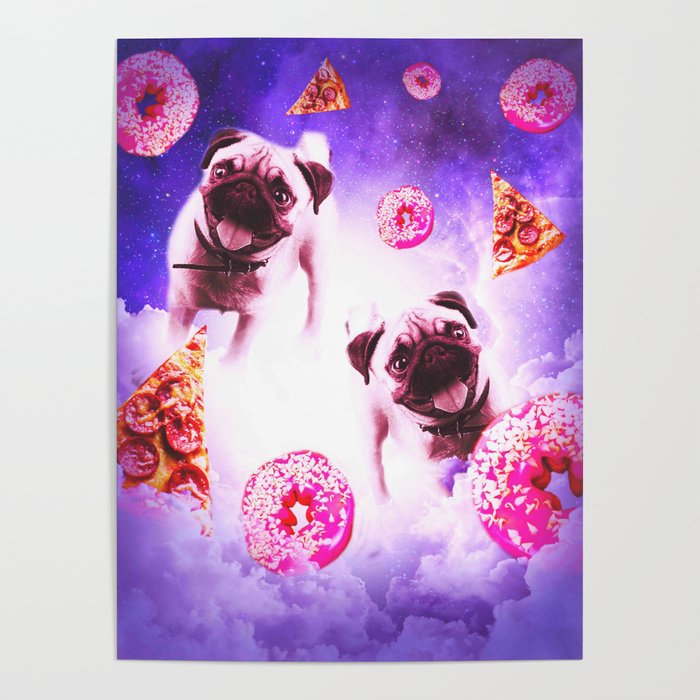 Pugs In The Clouds With Doughnut And Pizza Poster