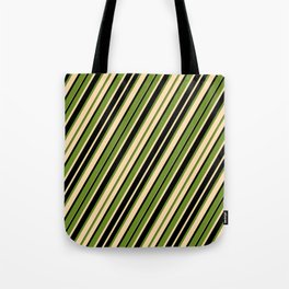 [ Thumbnail: Green, Tan & Black Colored Stripes/Lines Pattern Tote Bag ]