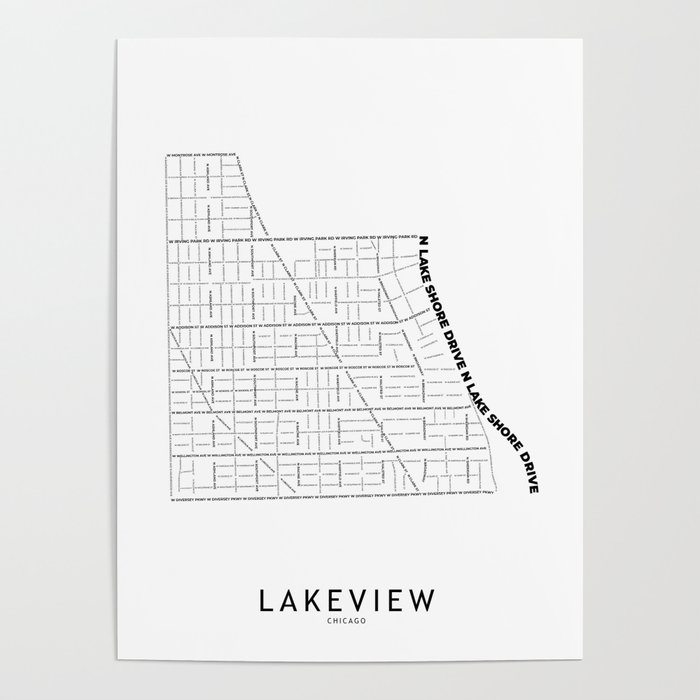 Lakeview White Map Poster