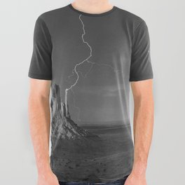 Thunder and lightening in Monument Valley Arizona-Utah border, towering sandstone buttes of Navajo Tribal Park wonders of nature black and white photography - photograph - photographs All Over Graphic Tee