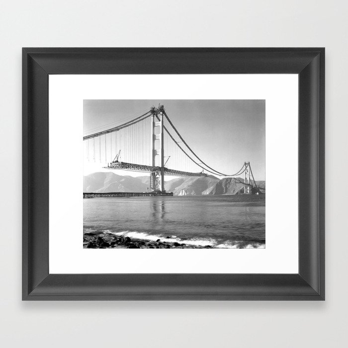 Construction of the Golden Gate Bridge, 1935, San Francisco Bay black and white photograph Framed Art Print