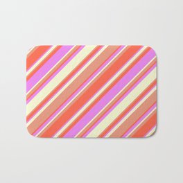 [ Thumbnail: Dark Salmon, Red, Violet, and Light Yellow Colored Lined/Striped Pattern Bath Mat ]
