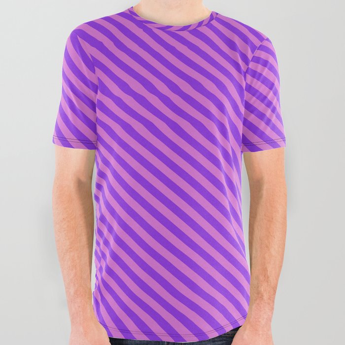 Orchid & Purple Colored Striped/Lined Pattern All Over Graphic Tee