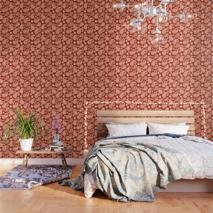 Paisley Pattern, Mandarin and Coral Orange Wallpaper