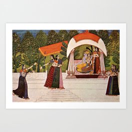 Indian Masterpiece: Krishna and Radha in a pavilion portrait painting Art Print