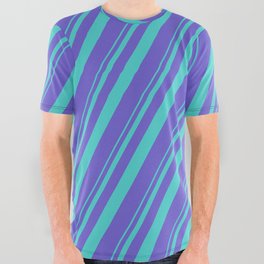 [ Thumbnail: Turquoise & Slate Blue Colored Stripes/Lines Pattern All Over Graphic Tee ]