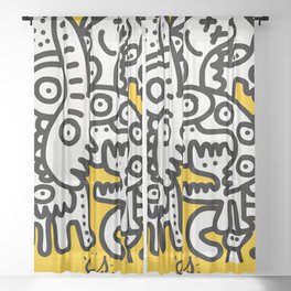 Black and White Cool Monsters Graffiti on Yellow Background Sheer Curtain